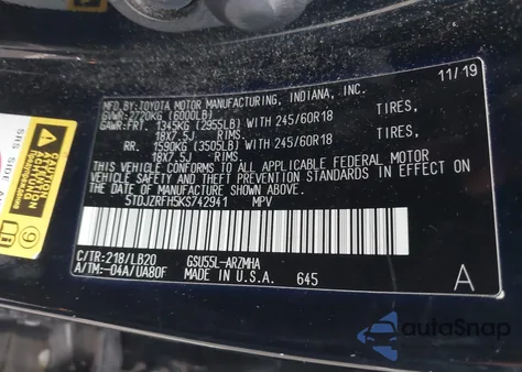 2019 Toyota Highlander Xle z USA, uszkodzony, nr VIN 5TDJZRFH5KS742941